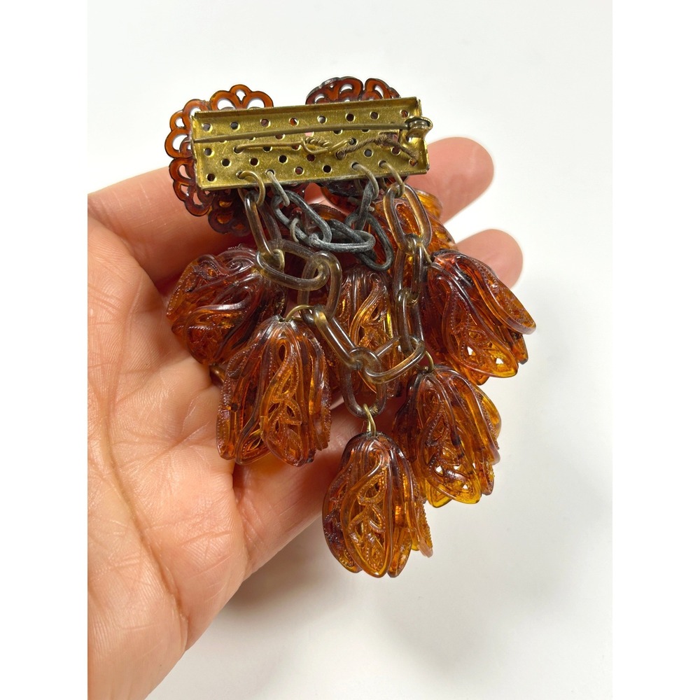 Rare Vintage 1930s/40s Oversized Amber Lucite Flower Dangle Brooch Unique - Picture 7 of 11